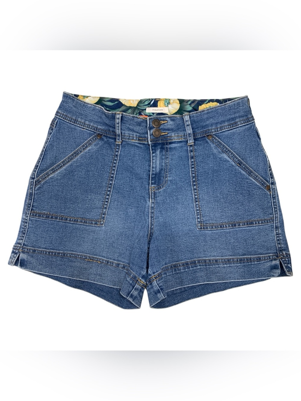Maurices Blue Denim High-Rise Pocket Shorts with Floral Waistband Size M